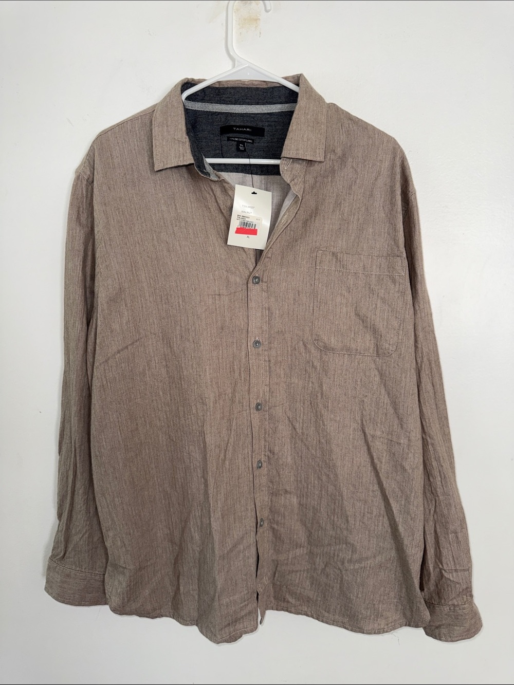 NWT Tahari Men's Linen-Blend Long Sleeve Button-Up Shirt Taupe XL